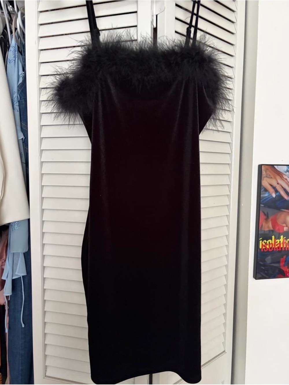 Fashion Nova Black Velvet Feather-Trim Midi Slip Dress